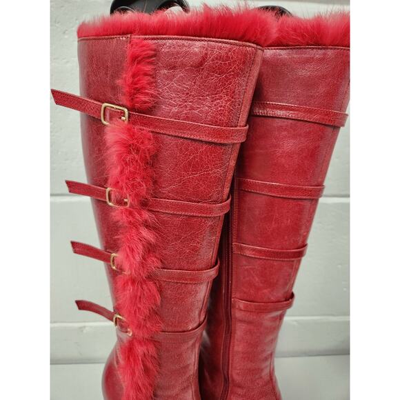 Vintage Beston Women's Red High Heels Tall Boots, Sz 7. Buckle/Rabbit Fur Accent - Picture 5 of 14